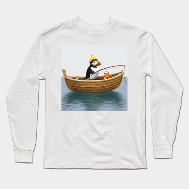 Cute Puffin in a Rowboat on the Ocean Long Sleeve T-Shirt by YegMark